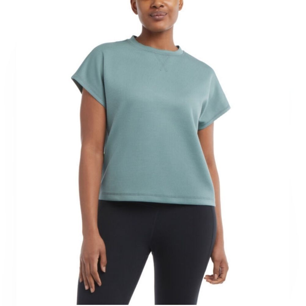 Danskin Women Scuba Ribbed Short Sleeve Tee Heavyweight Tidewater Teal Green NWT